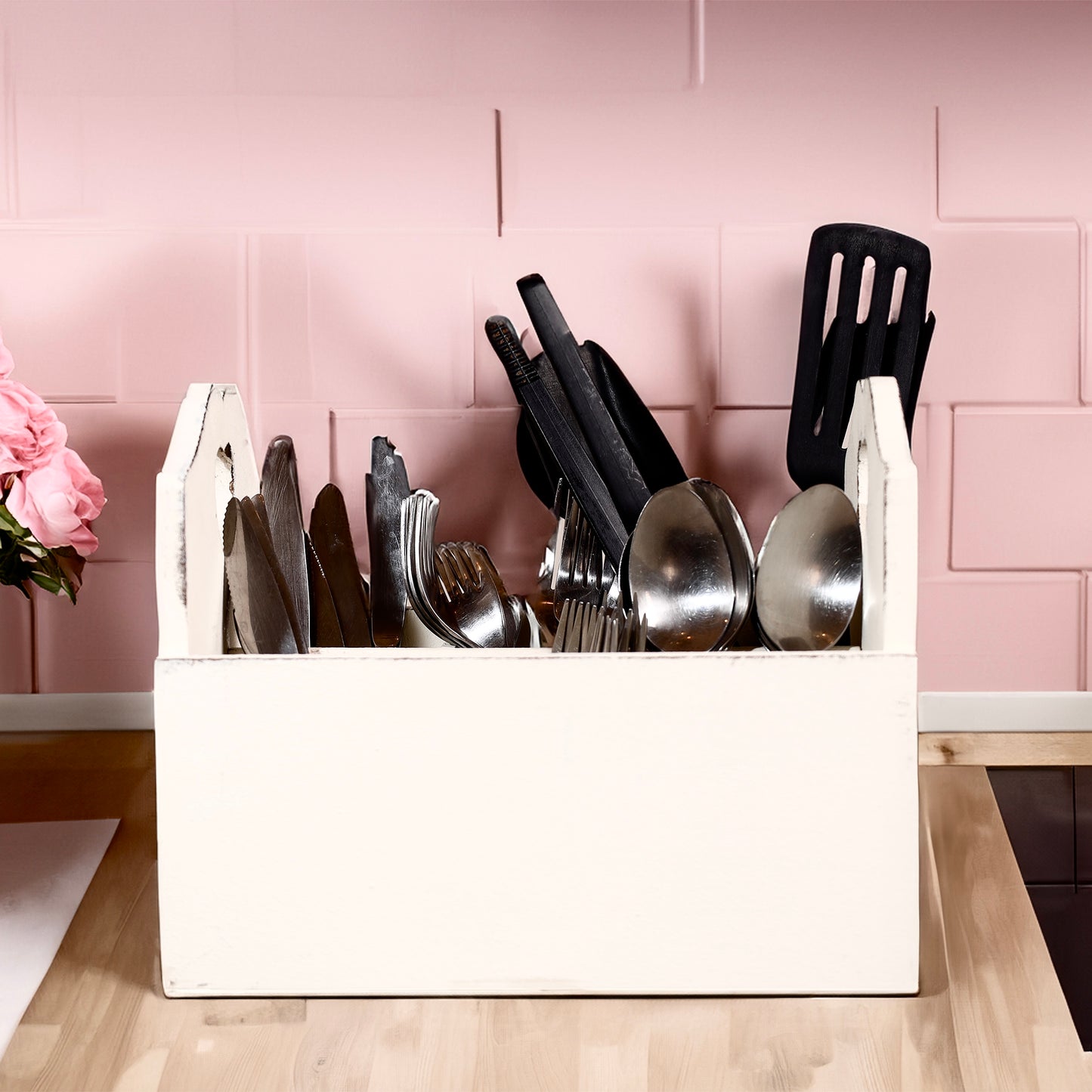 Wooden flatware holder with Heart Cut-Out design