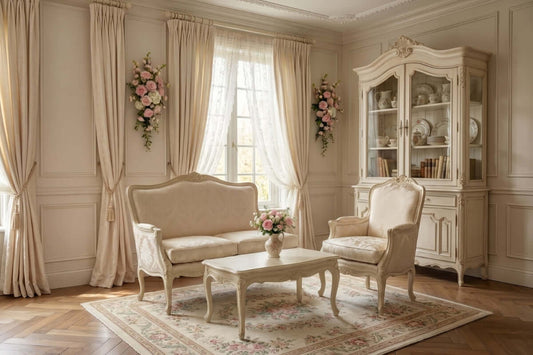 Luxury Shabby chic Sofas placed on a rug with cabinet in the background
