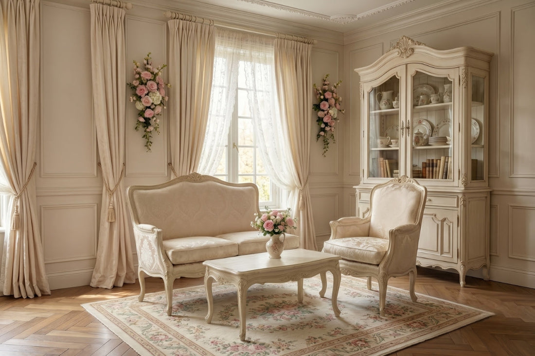 Luxury Shabby chic Sofas placed on a rug with cabinet in the background
