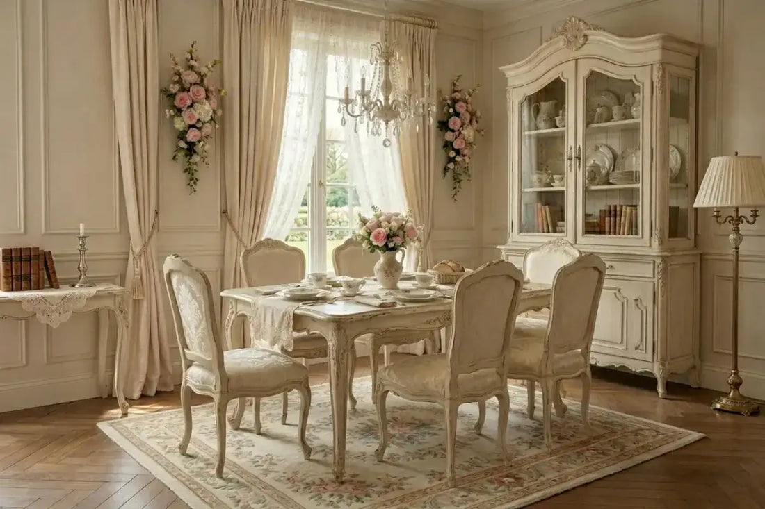 Shabby chic dining table styling with runner, vase and placemats – Country Charm Egypt