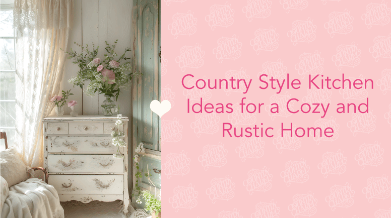 Rustic country style room with vintage white dresser, floral bouquet, cozy armchair, and soft natural light