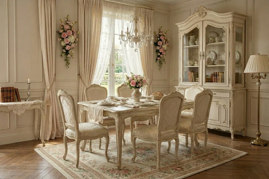 Shabby chic dining table styling with runner, vase and placemats – Country Charm Egypt