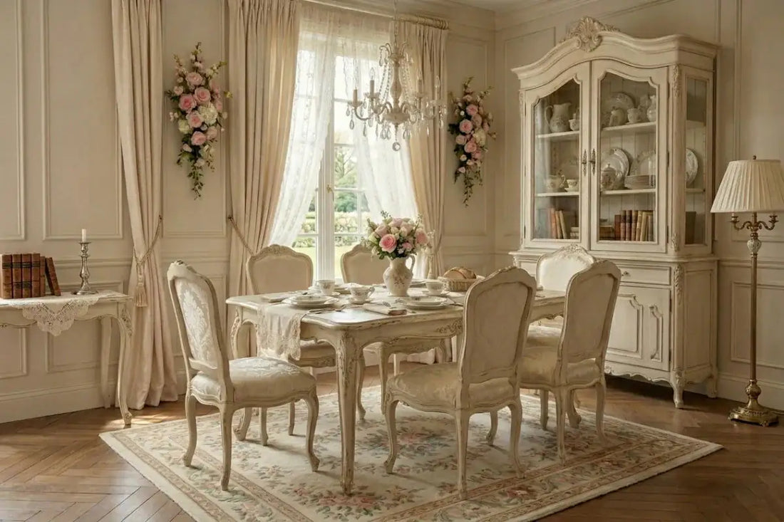 Shabby chic dining table styling with runner, vase and placemats – Country Charm Egypt