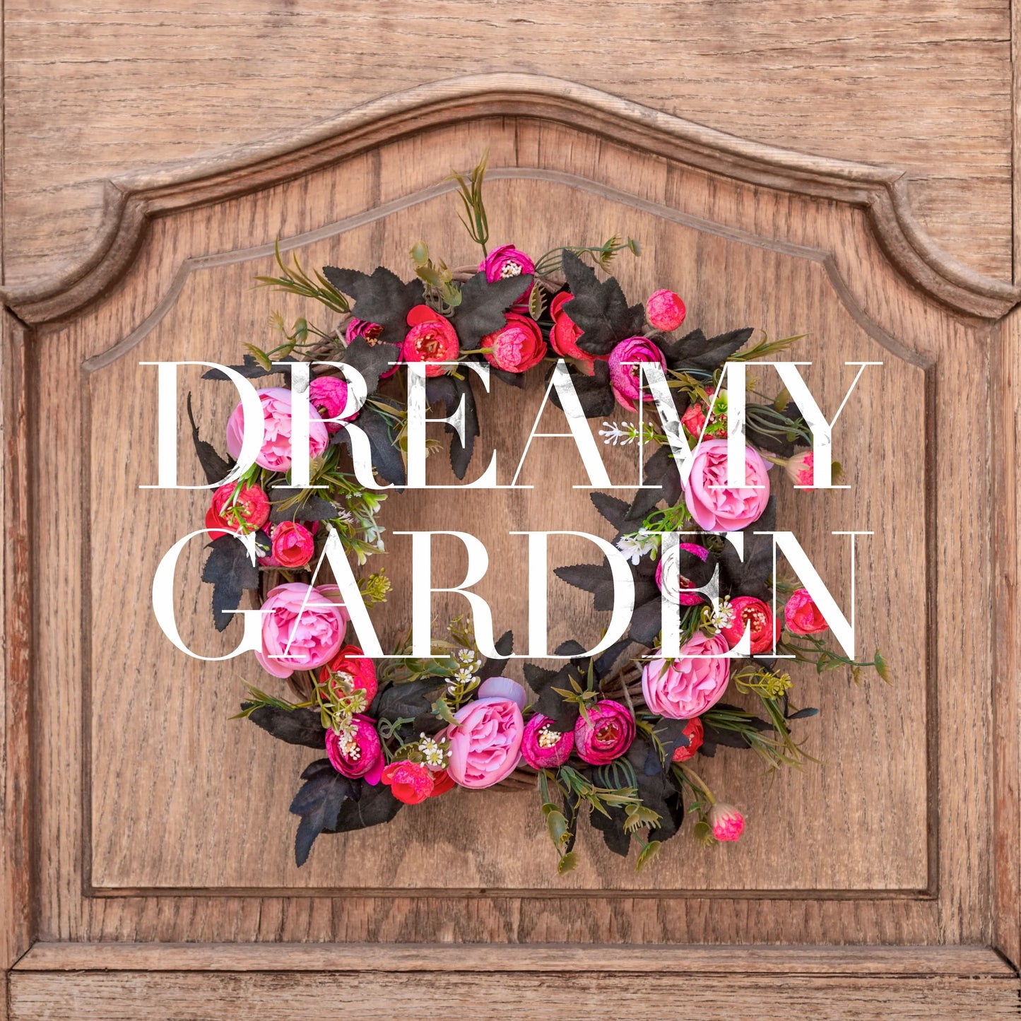 Colorful pink and red floral wreath on rustic wooden door with decorative panel