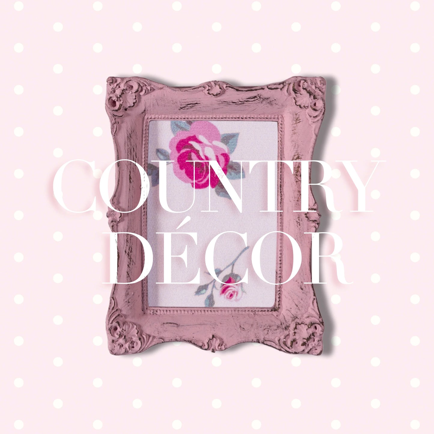 Pink shabby chic floral picture frame on pastel pink polka dot background with country décor text