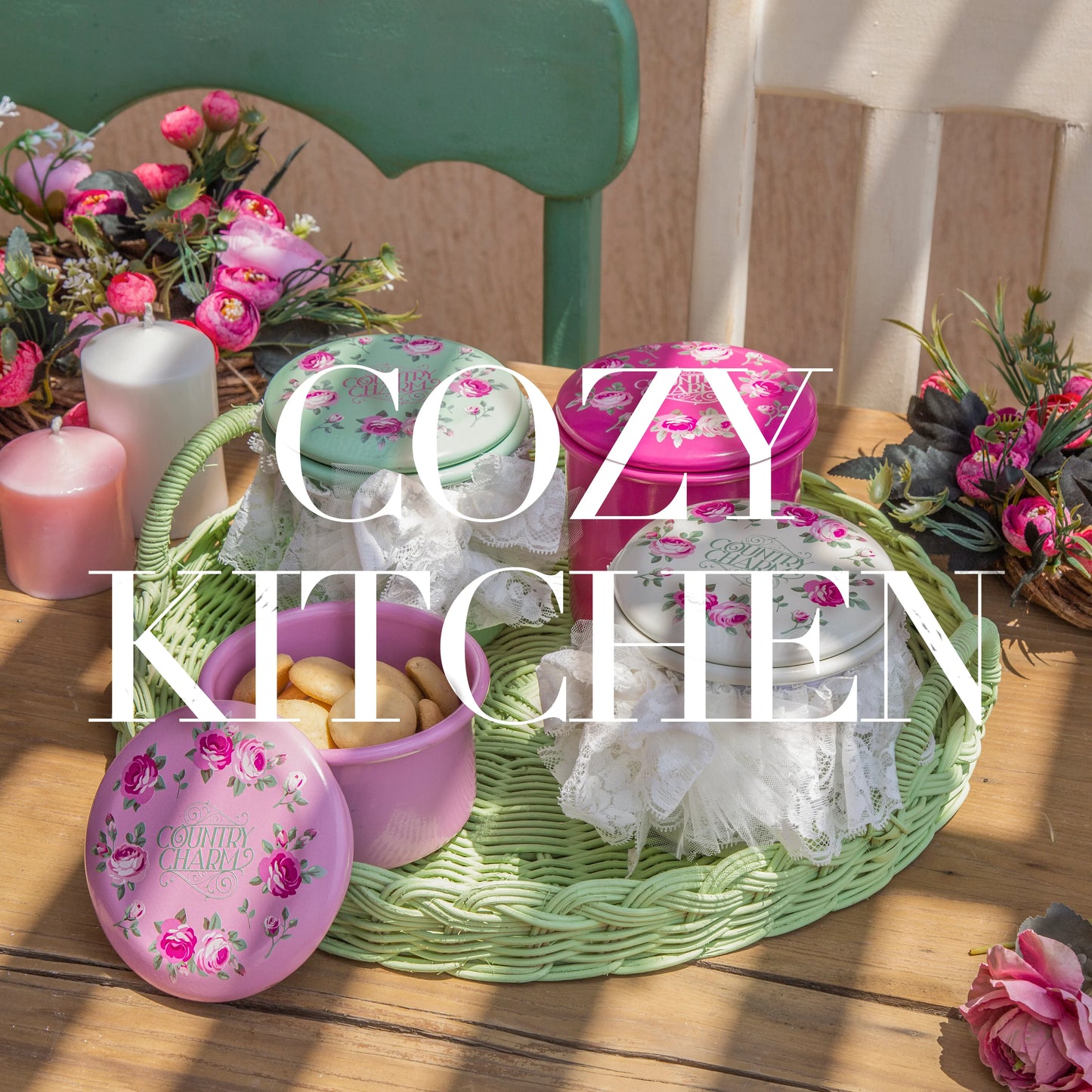 Country charm floral tin containers with cookies on green wicker tray in cozy kitchen setting