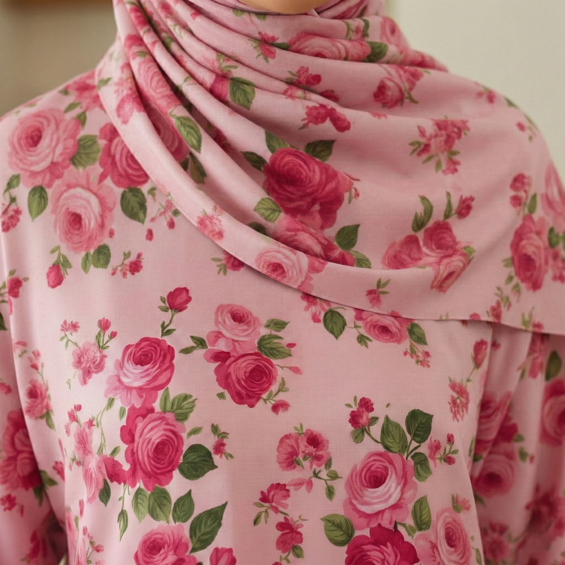 Pink floral hijab with pink roses and green leaves on a light background
