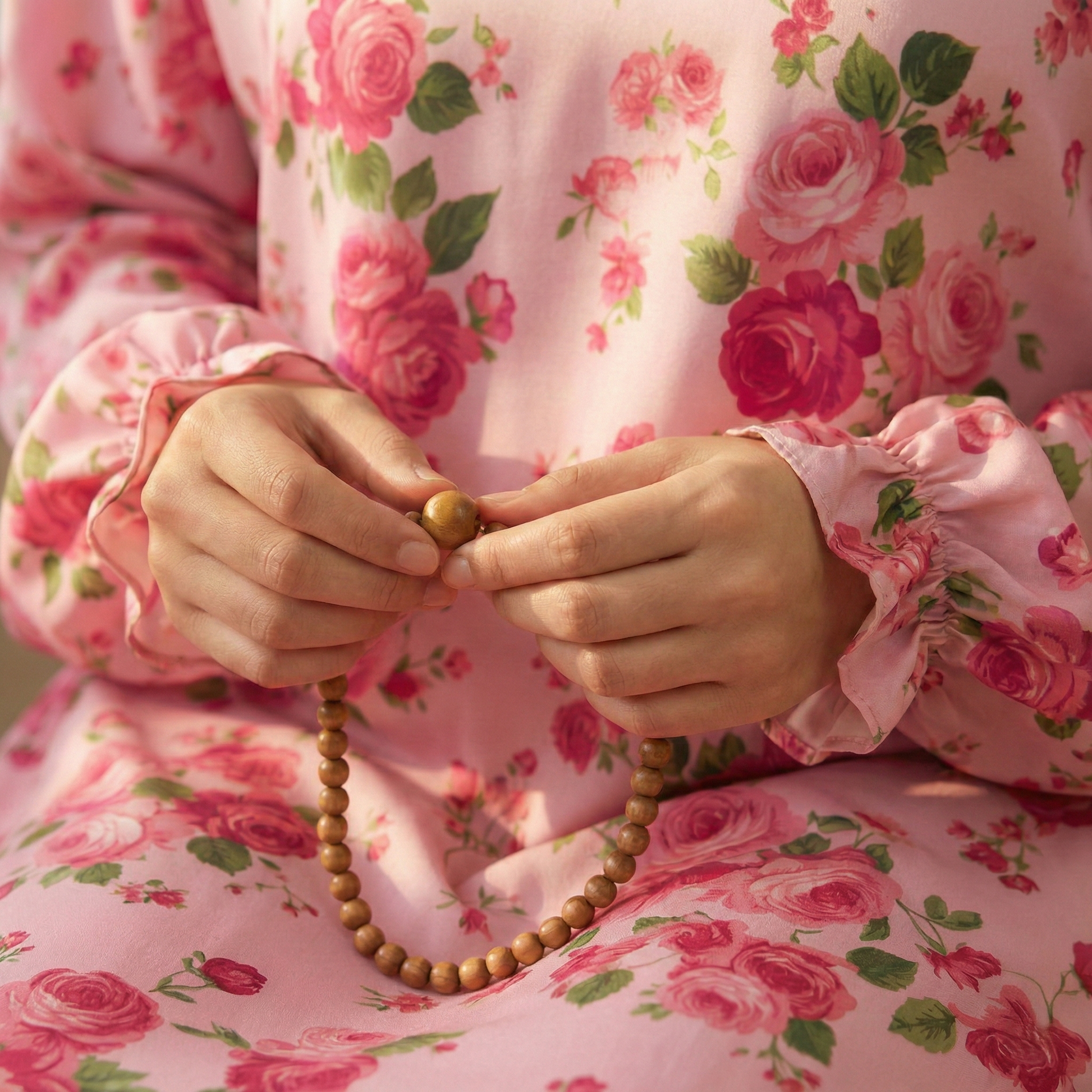 Person wearing a pink floral dress holding wooden beads.