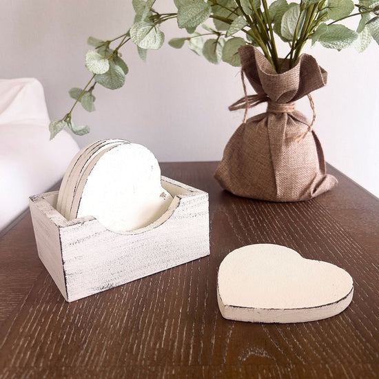 Heart-Shaped Coasters with Wooden Holder – Set of 4
