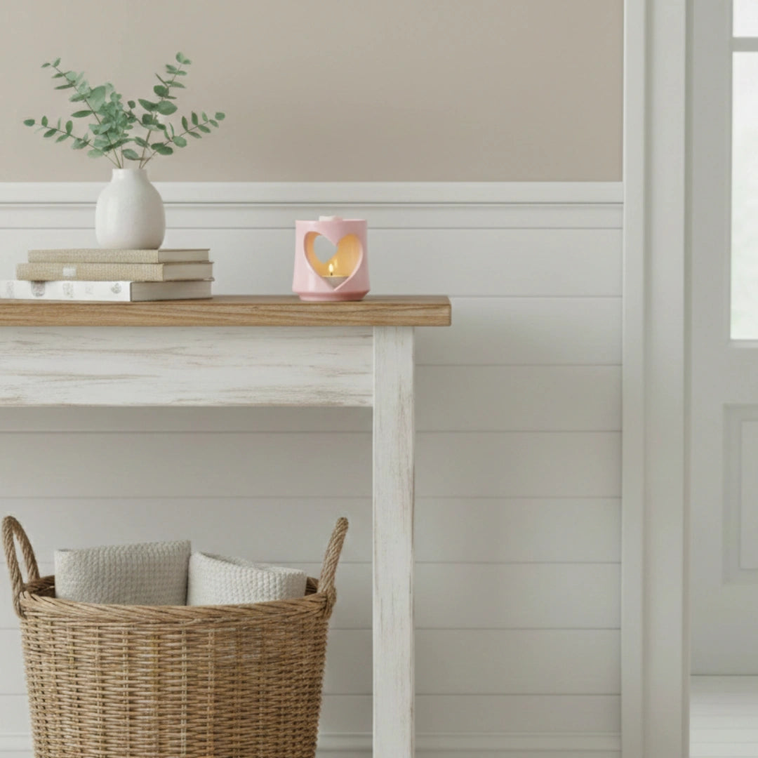 Small wooden table with a vase, books, and a candle against a neutral wall.