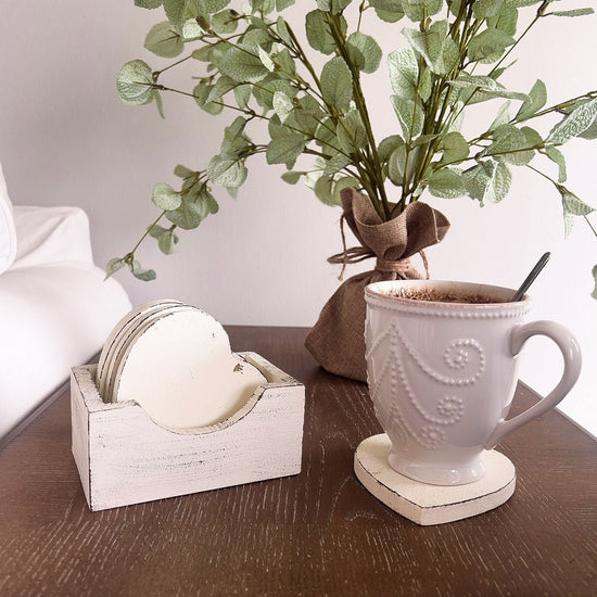 Heart-Shaped Coasters with Wooden Holder – Set of 4