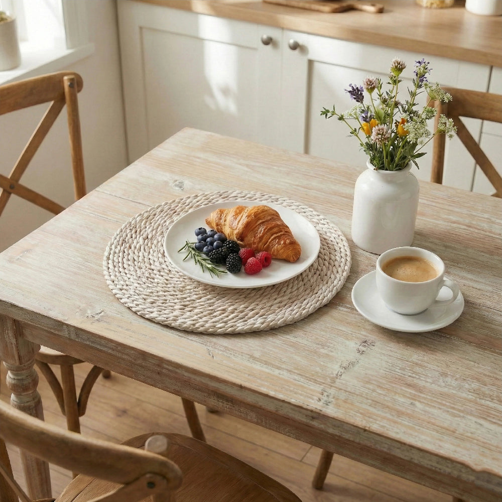Breakfast scene with a plate of croissant, berries, and a cup of coffee on a wooden table.