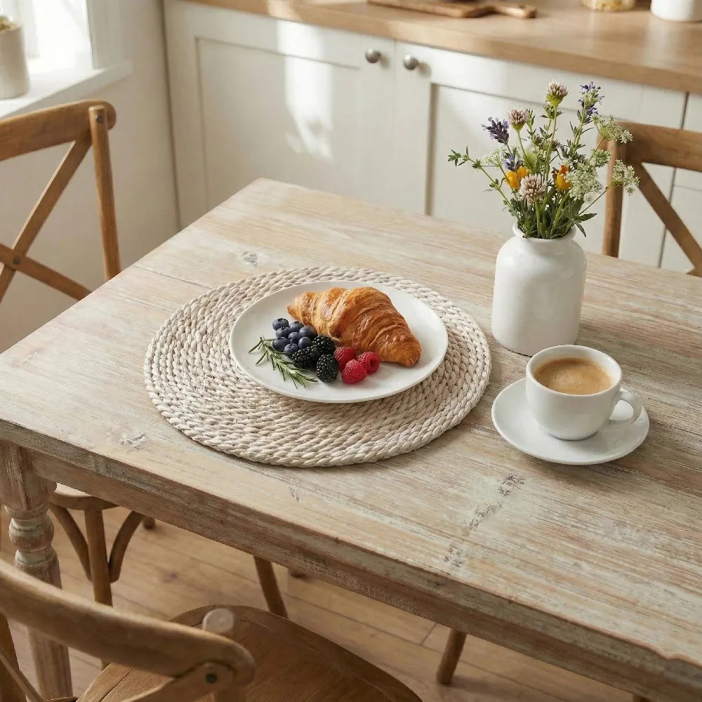 Breakfast scene with a plate of croissant, berries, and a cup of coffee on a wooden table.