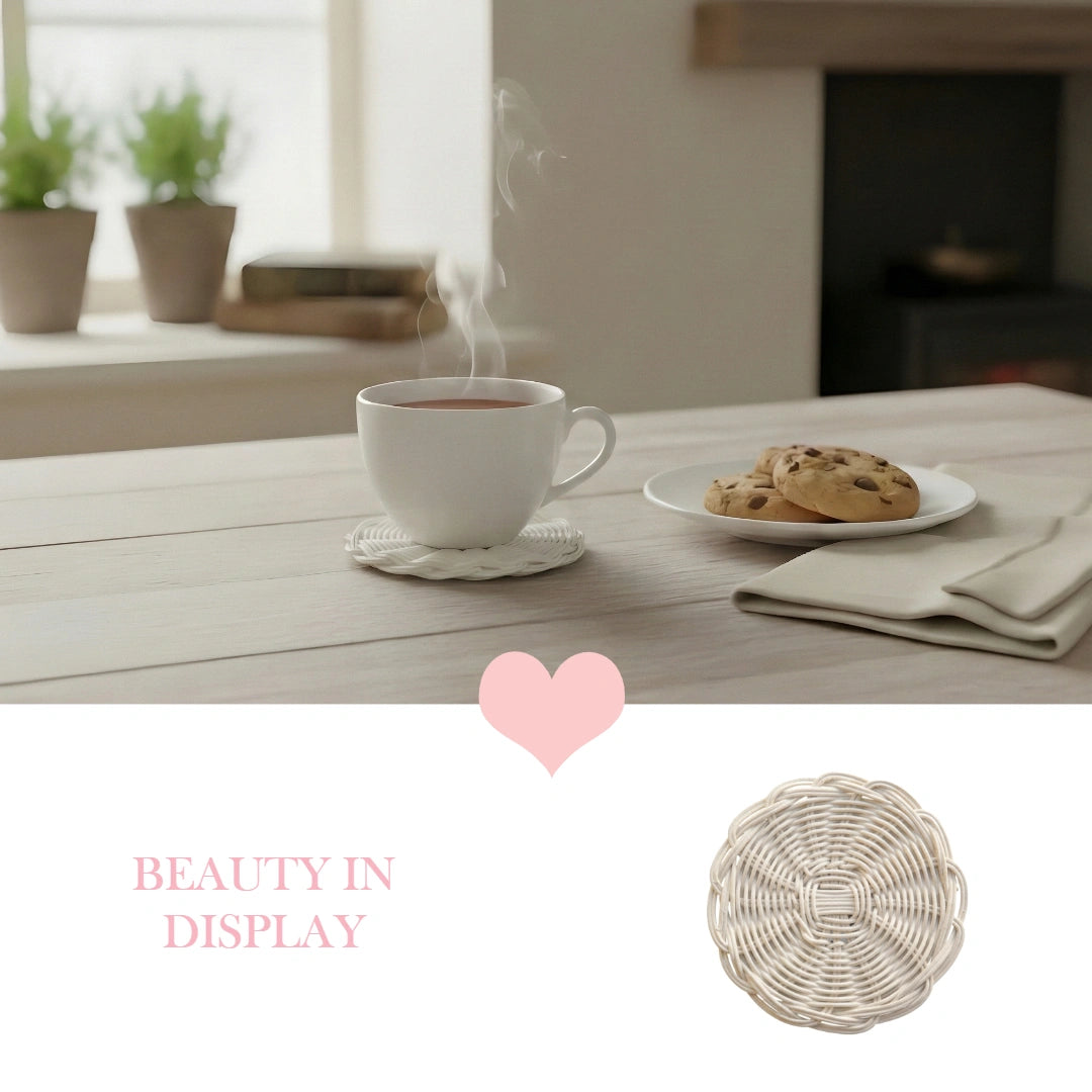 Steaming cup of tea on a woven coaster with cookies on a plate, set against a cozy indoor background.