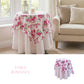 Floral tablecloth on a round table in a living room setting with 'Table Romance' text.
