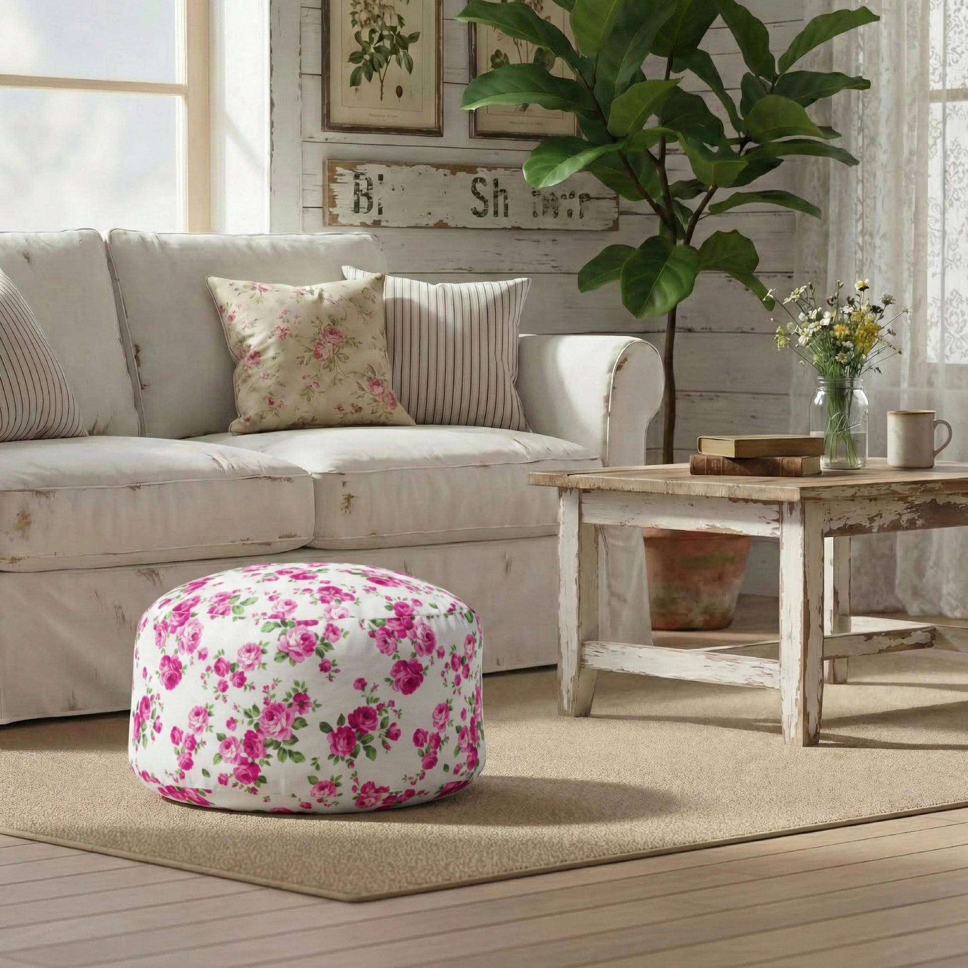 Floral ottoman in a cozy living room with a sofa, coffee table, and decorative elements.