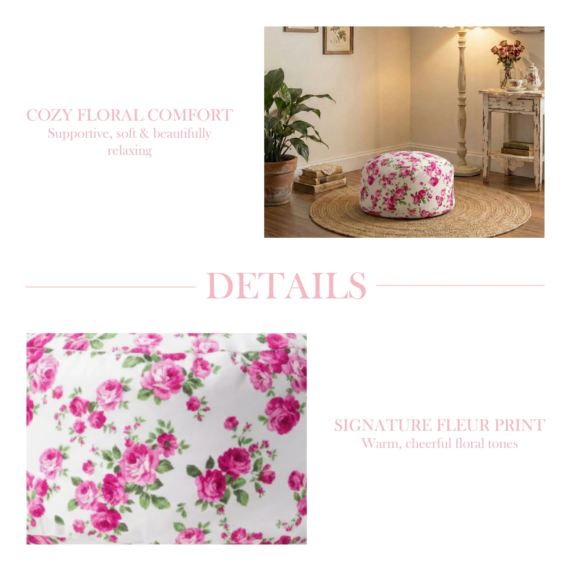 Floral-patterned ottoman in a room setting with text about cozy floral comfort.