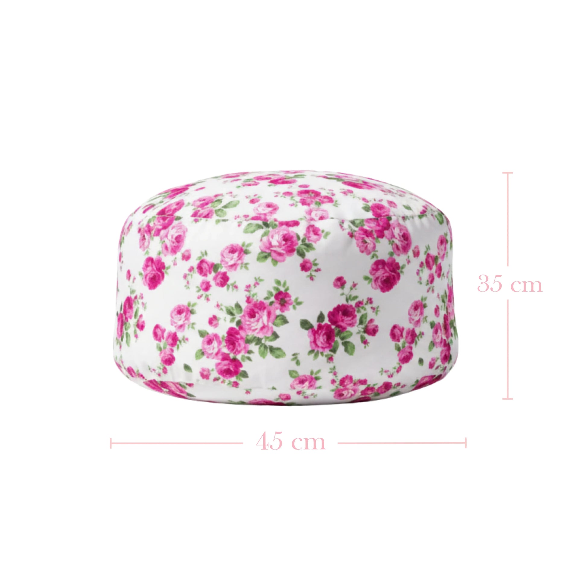 Floral-patterned head cover with measurements on a white background