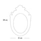 Black and white line drawing of an ornate oval frame measuring 18 cm tall and 11 cm wide with decorative top and bottom edges