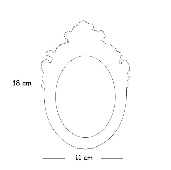 Black and white line drawing of an ornate oval frame measuring 18 cm tall and 11 cm wide with decorative top and bottom edges