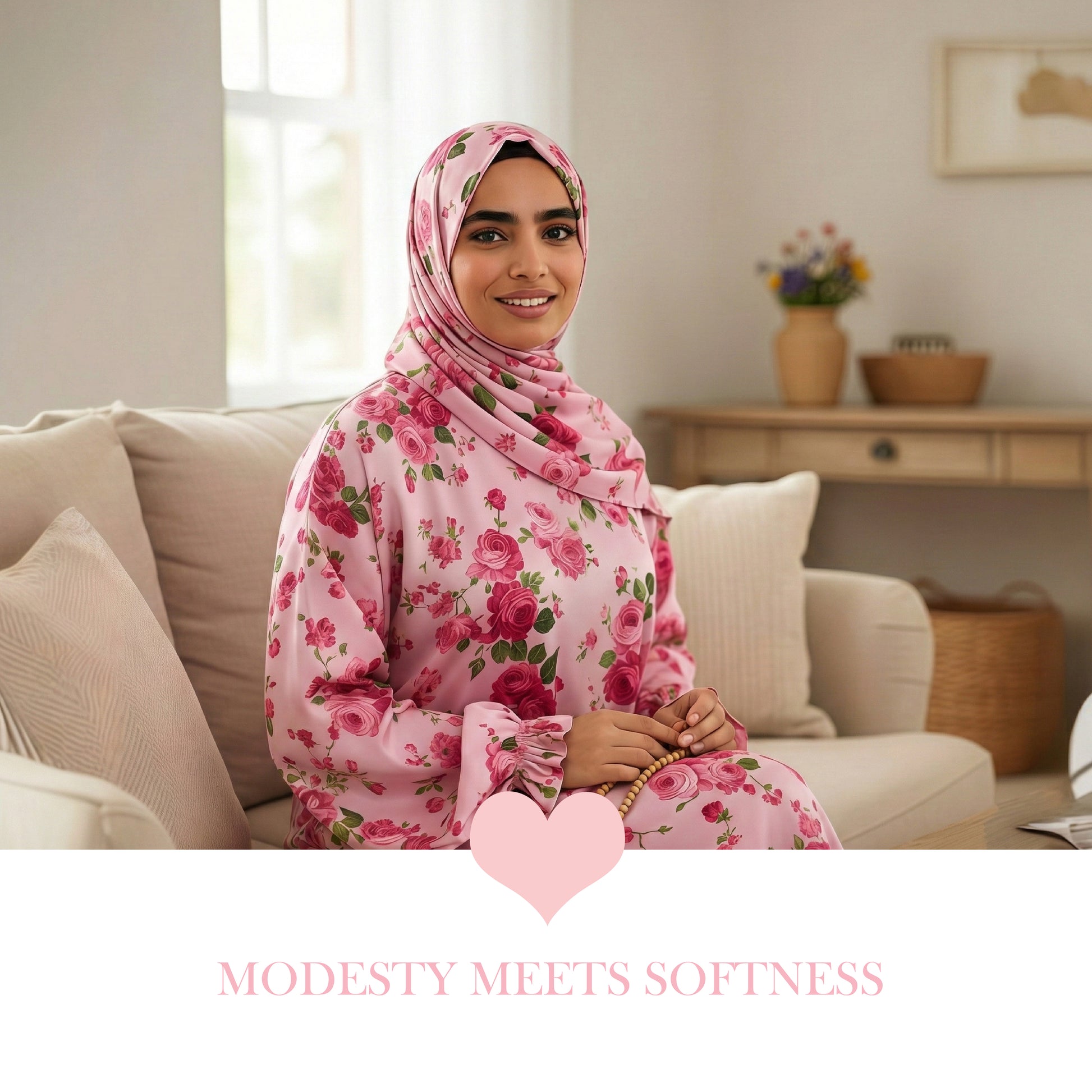 Woman wearing a pink floral hijab sitting on a couch with 'Modesty Meets Softness' text.