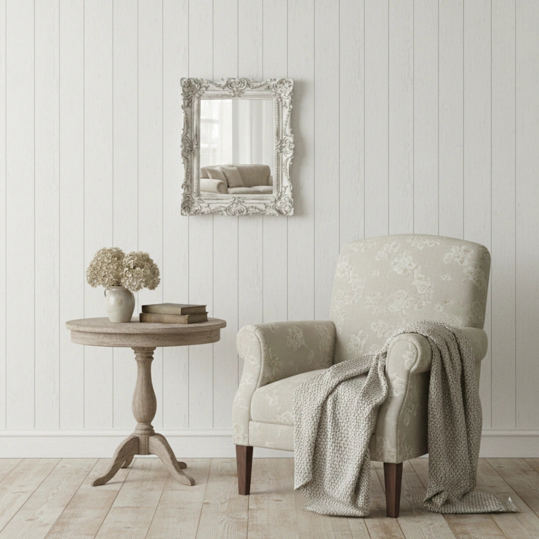 Pretty Shabby Wall Mirror Rectangular Vintage Antique White mounted on wall with wooden round table and sofa