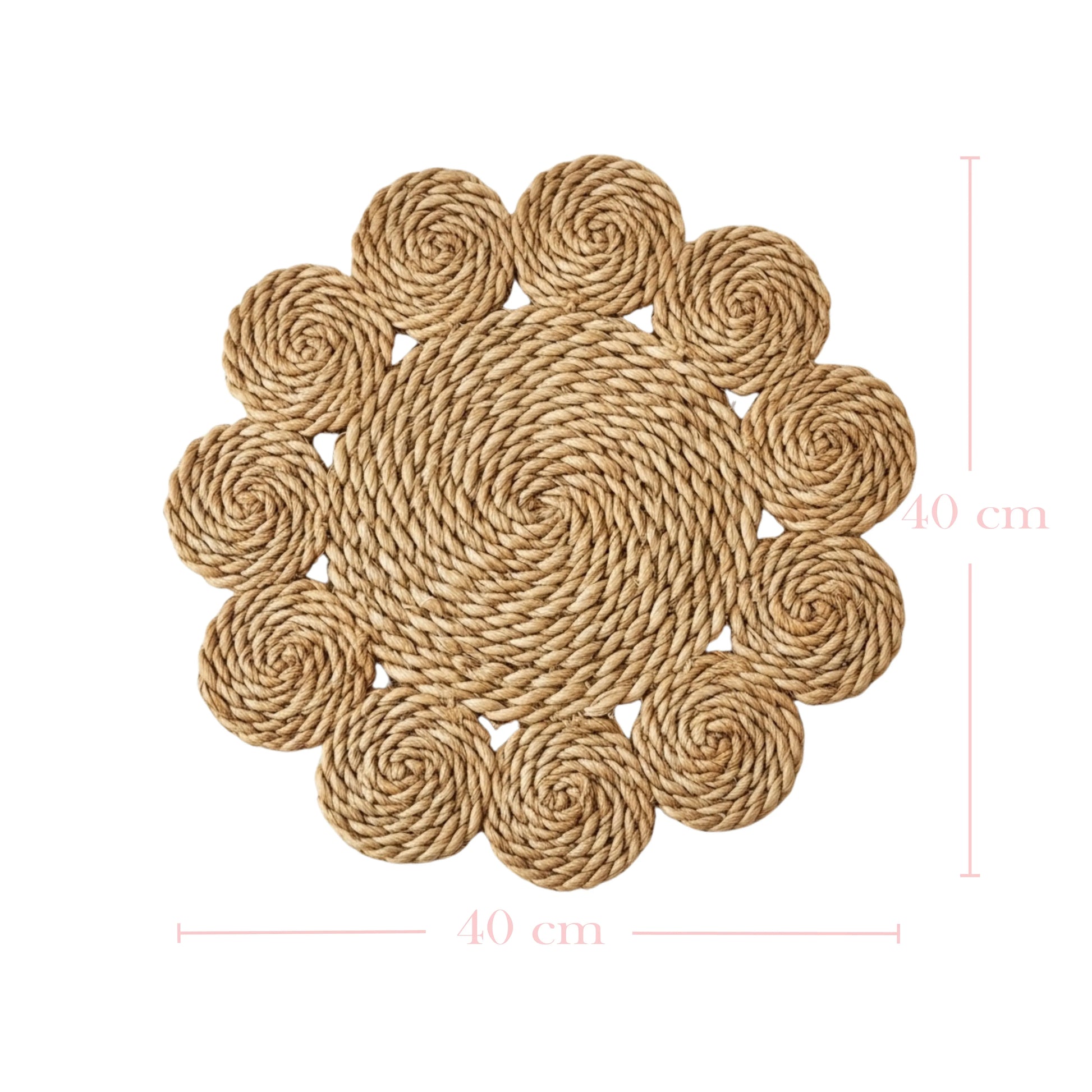 Round woven jute placemat shaped like a flower with petal-like circles and dimension lines showing 40 cm by 40 cm.