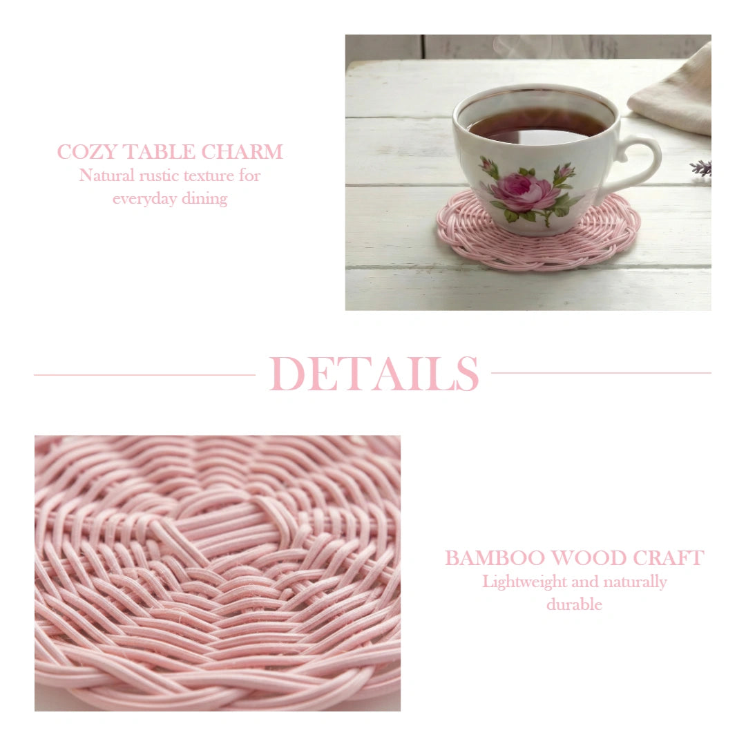 Teacup with floral design on a pink woven coaster on a wooden table, with text about the product.