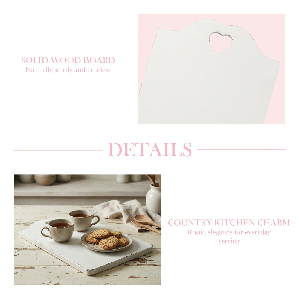White cutting board with heart handle on pink background, accompanied by text about solid wood boards and country kitchen charm.