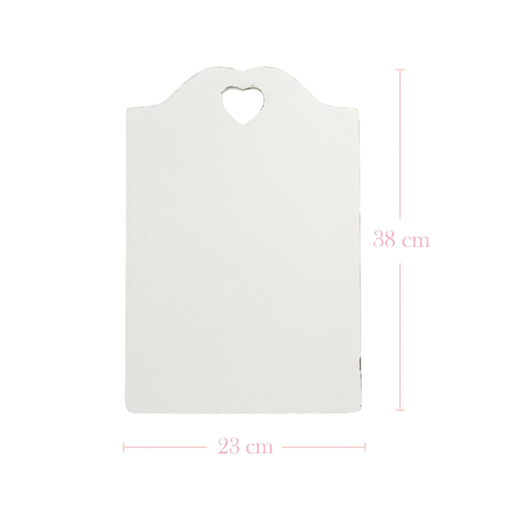White cutting board with dimensions on a white background