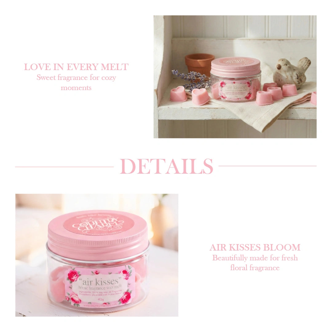Product details graphic showing lifestyle and close-up views of Air Kisses bloom home fragrance soy wax melts.