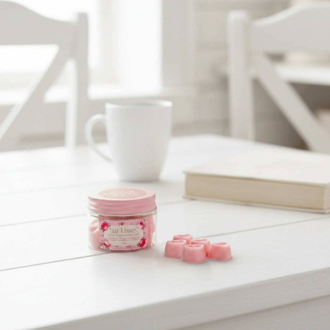Air Kisses home fragrance soy wax melts jar on a bright white wooden table with matching chairs.