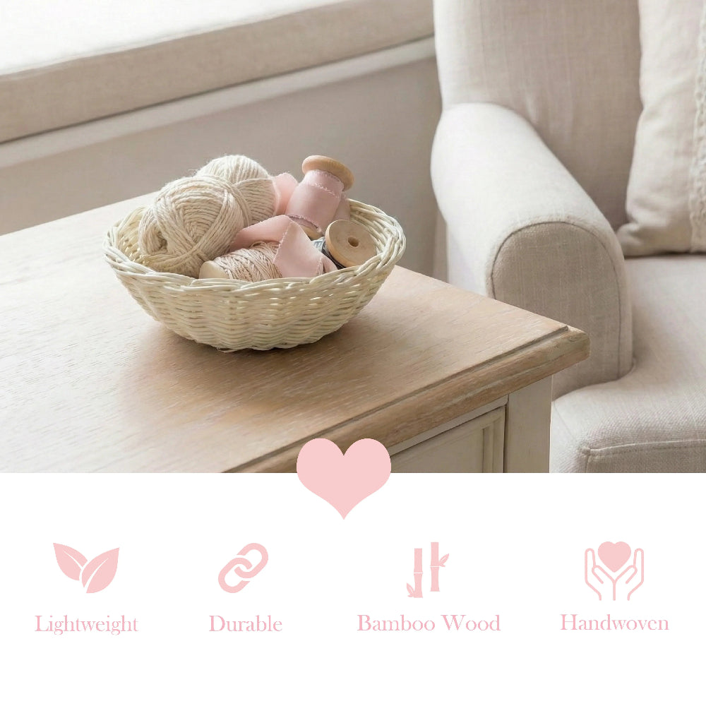 Antique white wicker basket graphic with yarn and ribbon on a wooden table above pink feature icons.