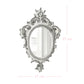 Ornate antique white oval mirror with distressed edges and floral carvings on a white background with dimensions.