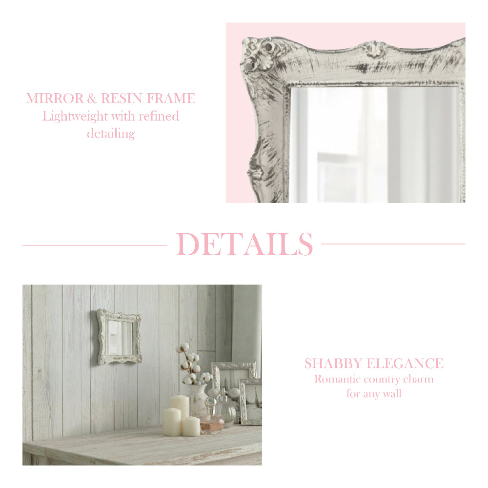 Collage showing an antique white distressed resin mirror on a whitewashed wood wall with candles and cotton stems.