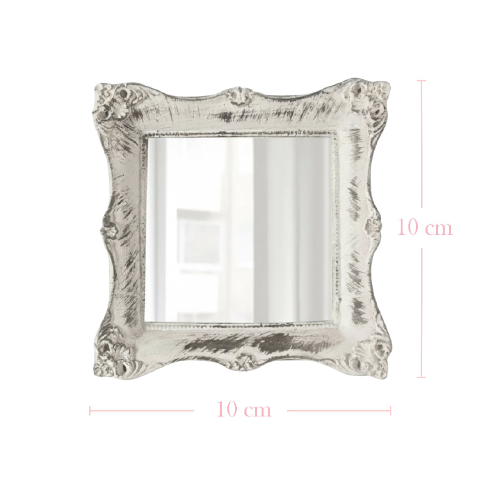 Square antique white mirror with distressed ornate edges and pink dimension lines indicating 10 cm height and width.