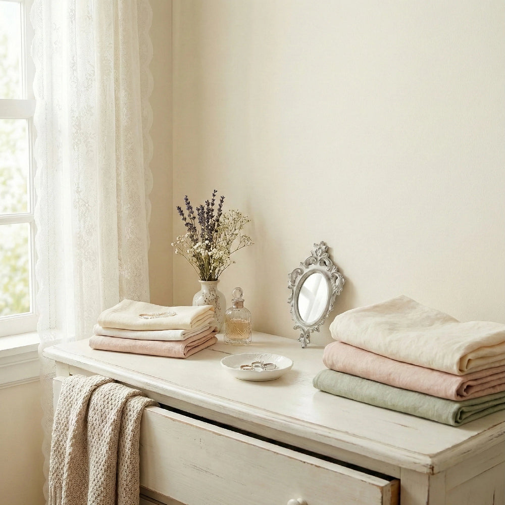 Stacks of folded linens, a lavender vase, and an ornate oval mirror on a white dresser by a window with lace curtains.