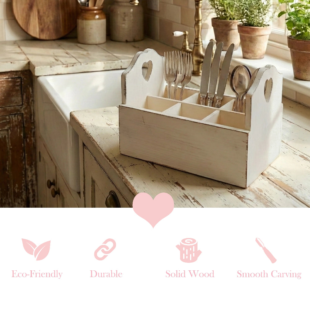 Antique white wooden flatware caddy with cutlery, featuring pink icons for Eco-Friendly, Durable, Solid Wood, and Smooth Carving.