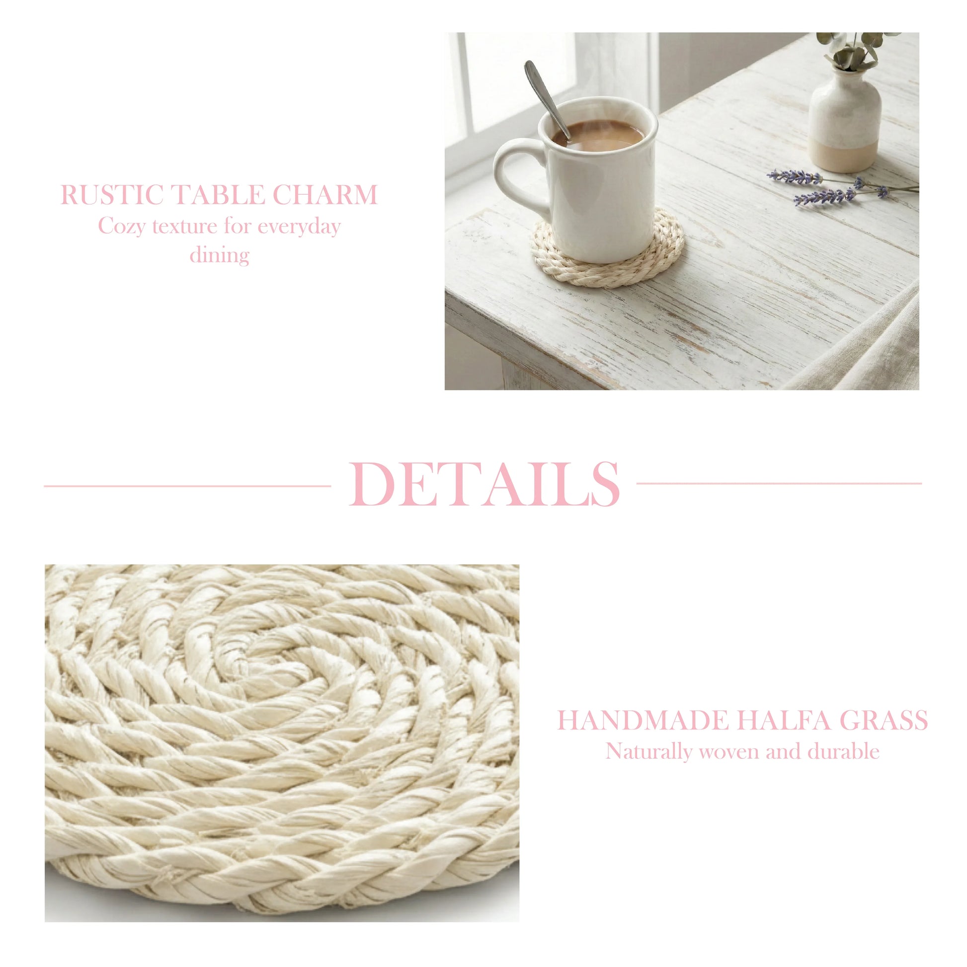 Antique white woven round coaster collage featuring a lifestyle shot of a steaming mug on a distressed white table and a close-up of the handmade halfa grass texture.