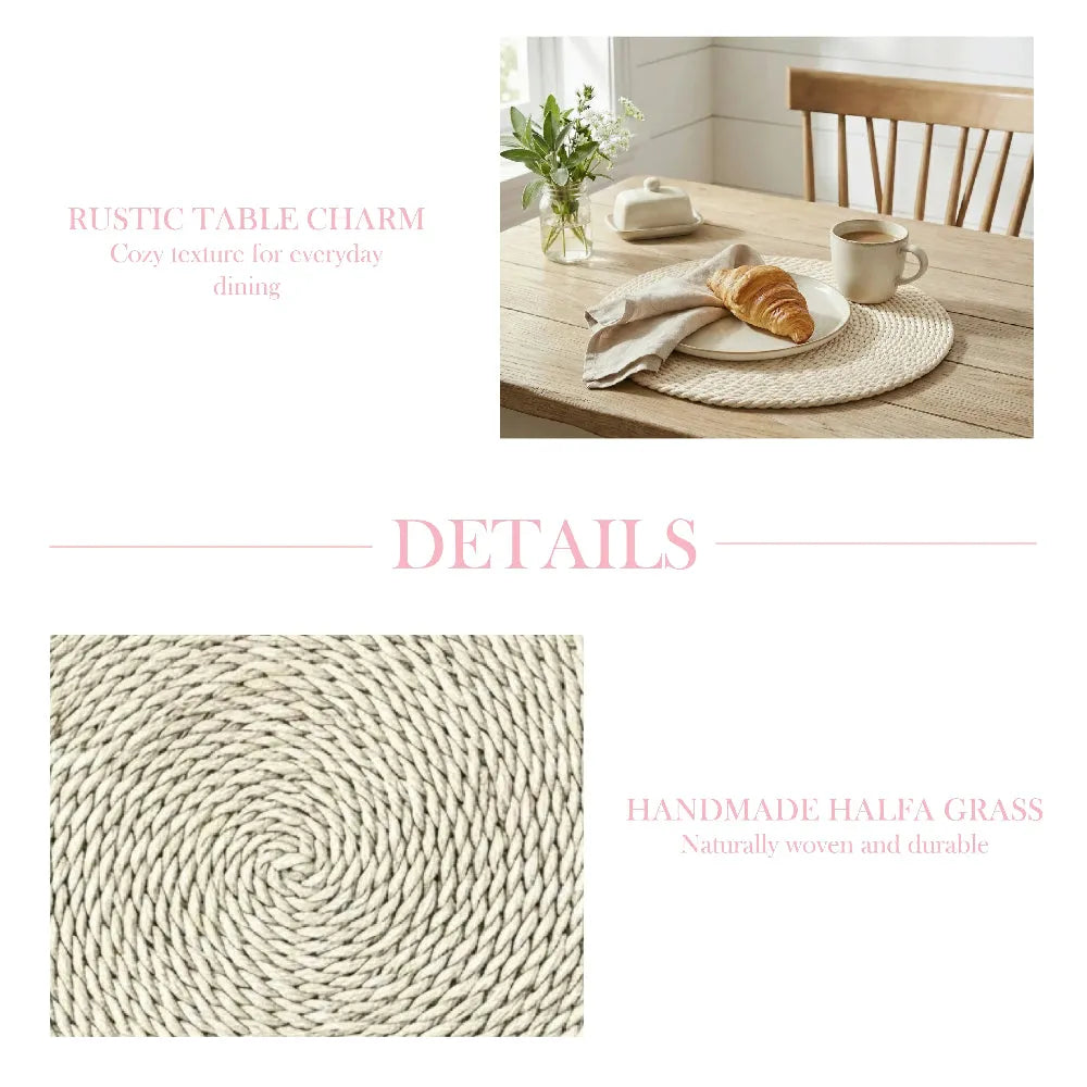 Woven placemat on a table with a cup and bread, featuring text about rustic charm and handmade halfa grass.