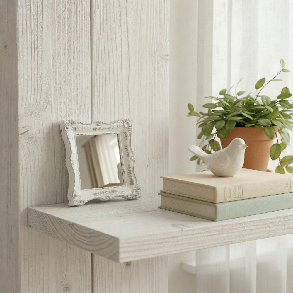Antique white mirror leaning on a whitewashed shelf with books, a bird figurine, and a potted plant.