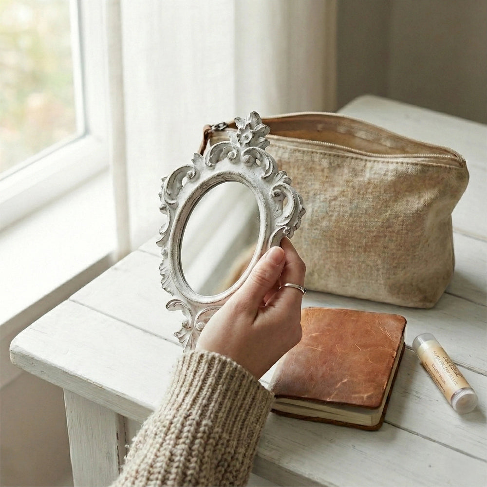 Hand in knit sweater holds ornate antique white oval mirror on white table near window.