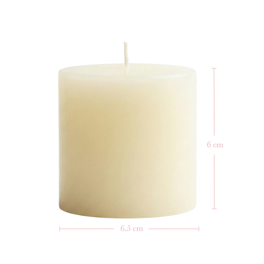 Antique White Pillar Candle with dimensions on a white background