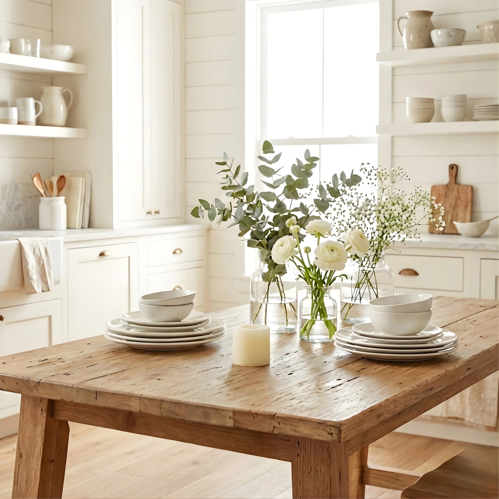 Dining room with wooden table, white plates, and greenery.