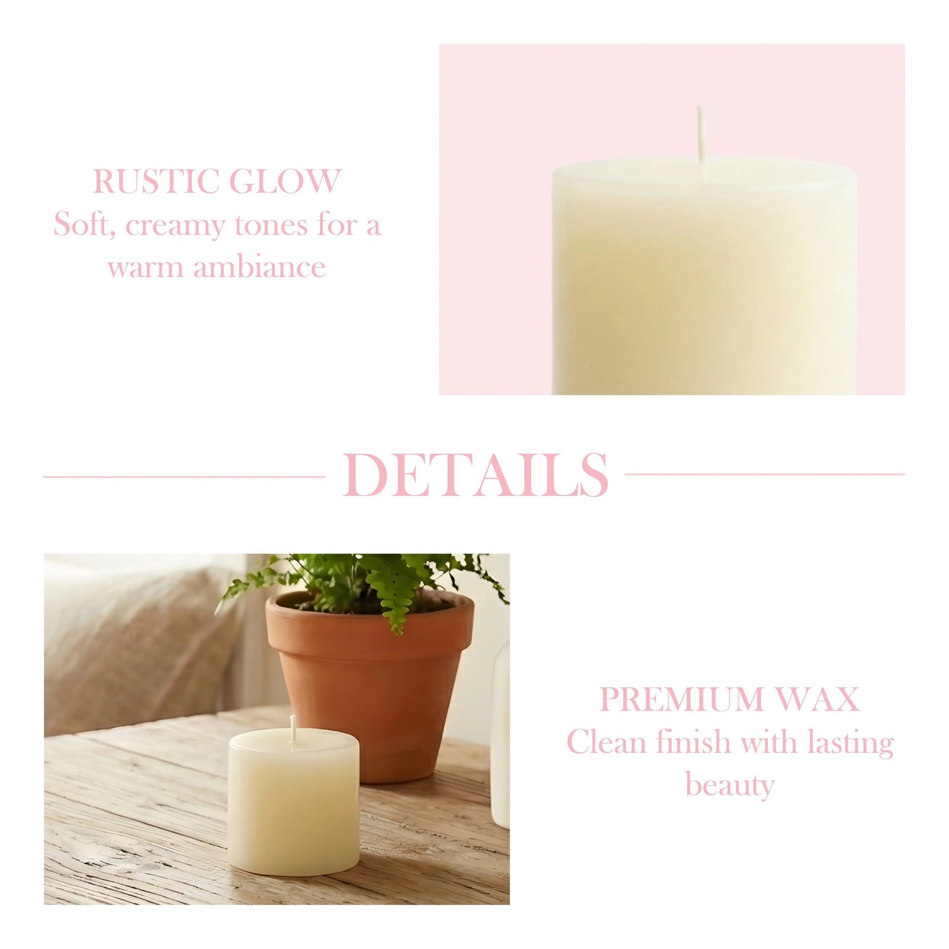 Candle with text describing rustic glow and premium wax on a white background