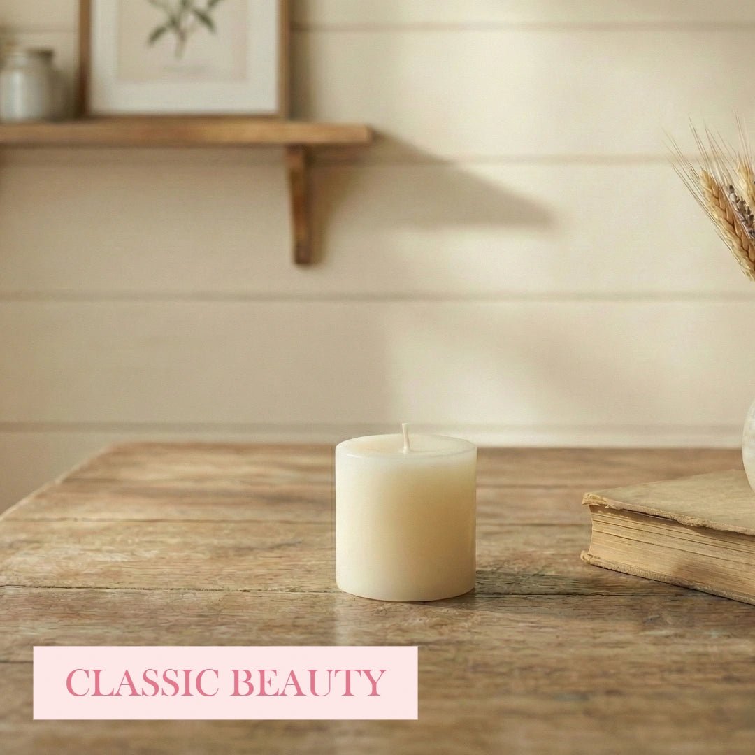 Antique White Pillar Candle on a wooden surface with 'Classic Beauty' text overlay