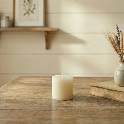 Candle on a wooden table with a vase of lavender and a book in the background.