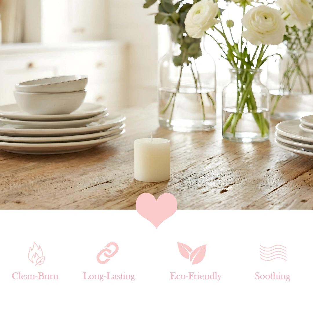 Antique White Pillar Candle on a wooden table with white plates and flowers in the background