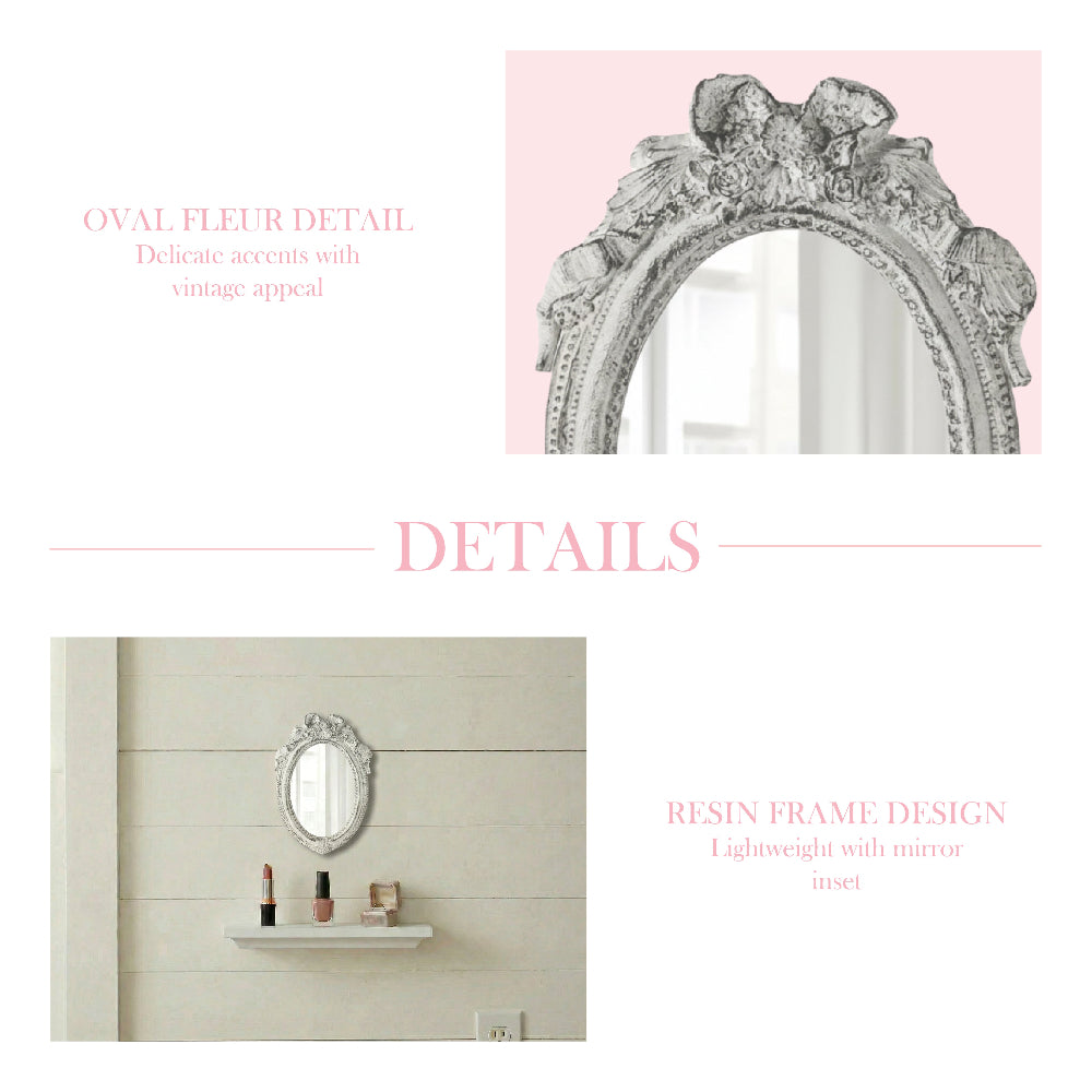 Ornate white oval mirror with a ribbon crest and a close-up of its distressed texture with pink descriptive text.