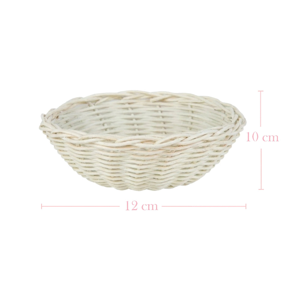 Antique white woven wicker basket with 12 cm width and 10 cm height dimension lines on a white background.